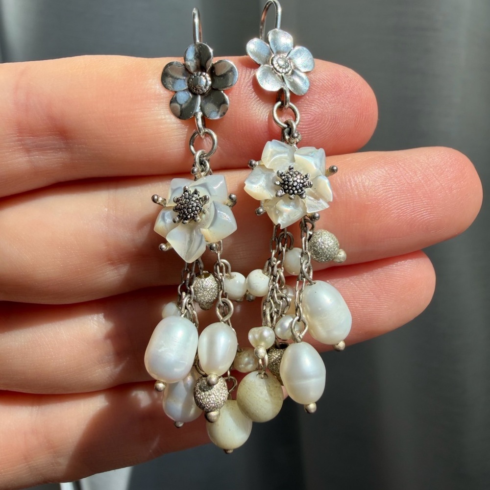 Pearl Flowers Dangle Drop Earrings 925 Sterling Silver Vintage
